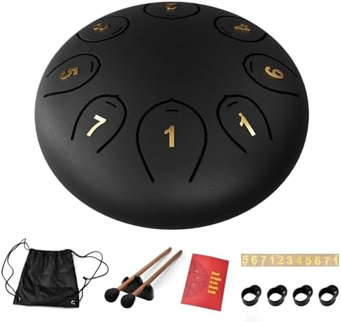 Steel Tongue Drum 6 Inch 8 Notes, Tongue Drum C major, Hang Drum Instrument, Handpan Drum for Kids, Ethereal Drum for Rain Meditation Yoga Musical Education, Black