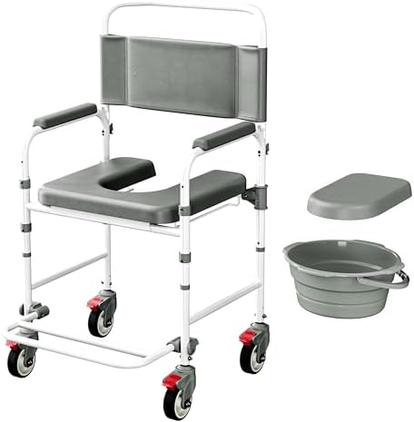 Bedside Commode with Wheels, Shower Wheelchair with 300 LBS Weight Capacity, Portable Toilet with Bucket for Elderly and Disabled