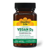 Country Life Vegan D3 5000 IU, 60 Softgels, Certified Gluten Free, Certified Vegan