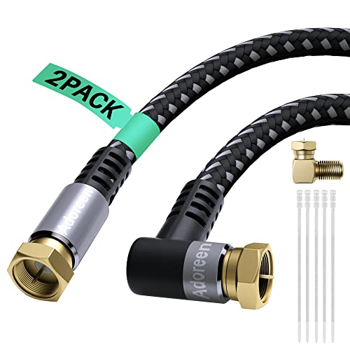 Adoreen Coaxial Cable 10 ft-2 Pack-Right Angle Quad Shielded 90 Degree RG6 Coax Cable Cord, Male F Gold-Plated Nylon-Braided, in-Wall, Digital TV Aerial AV with Angled Male to Female Adapter+15 Ties