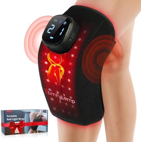 Comfytemp 3D Red Light Therapy Knee Wrap with Vibration Massage, Cordless 5000mAh Heated Knee Massager for Pain Relief, Portable Ergonomic 660nm&850nm Near Infrared Light Brace for Knee Joint