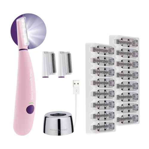 Michael Todd Beauty - Sonicsmooth Pro+ Dermaplaning System with LED Light - 2 in 1 Women's Face Exfoliation & Peach Fuzz Hair Remover - 16 Dermaplaning Blades & 2 Microsmooth Microdermabrasion Tips