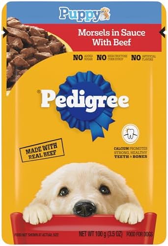 Pedigree Puppy Wet Dog Food Morsels in Sauce with Beef, 3.5 oz. Pouches, 16 Pack