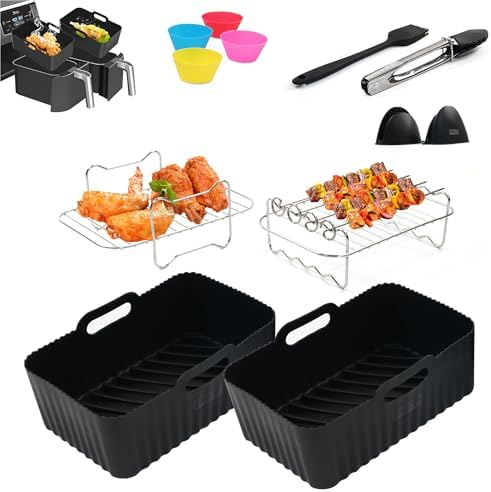 Ninja Air Fryer Mega Kit 12-Piece Air Fryer Silicone Liners 2 PCS | 8-10 QT | Ninja Dual Air Fryer DZ201, DZ401, DZ550 | Includes BBQ Rack, Food Rack, Silicone Gloves, Oil Brush, Tongs & Cupcake Molds