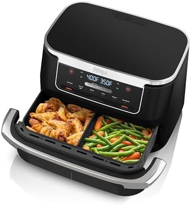 Ninja DZ071 Foodi 6-in-1 DualZone FlexBasket Air Fryer with 7-QT MegaZone & Basket Divider, Large Proteins & Full Meals, Smart Finish Cook 2 Foods 2 Ways, Large Capacity, Air Fry, Bake & More, Black (Renewed)