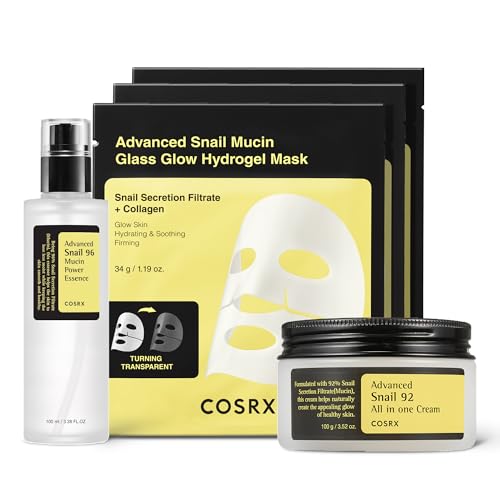 COSRX Snail Mucin Korean Skin Care Night Routine Set - 96% Essence + 92% Moisturizer + Glass Glow Hydrogel Face Masks