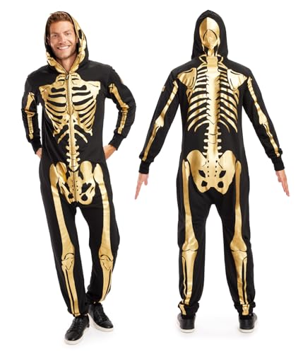 Tipsy Elves Halloween Skeleton Costume for Men - Comfy Easy Adult Onesie Jumpsuit - Front and Back Print with Zip Up Mask - Men's Gold Skeleton Jumpsuit Halloween Costume Size Large