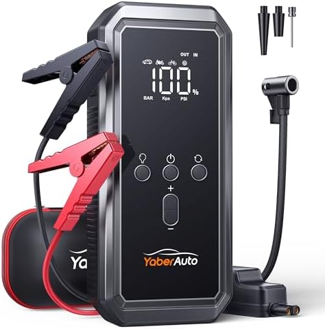 YaberAuto 8-in-1 Portable Car Jump Starter with Air Compressor, 150PSI 4500A Car Battery Jump Starter (9.0 Gas/8.0L Diesel), 12V Jump Box Car Battery Jumper Starter Portable with Jumper Cables, Lights