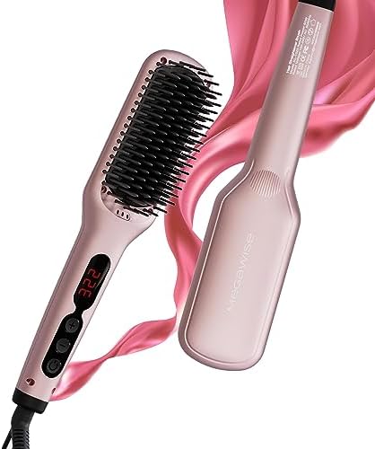 MEGAWISE Pro Ceramic Ionic Hair Straightener Brush for Home Salon | MCH Fast 20s Heating Tech with Auto-Off Safety | Anti-Scald with Universal Dual Voltage | Rotatable Power Cord