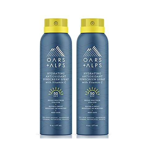 Oars + Alps Hydrating SPF 50 Sunscreen Spray, Infused with Vitamin C and Antioxidants, Water and Sweat Resistant, 6 Oz, 2 Pack