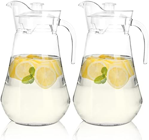 SOUJOY 2 Pack Plastic Pitcher, 2L Clear Iced Water Jug with Lid and Handle, Heat Resistant BPA-Free Tea Pitcher for Lemonade, Juice, Milk, Cold or Hot Beverage