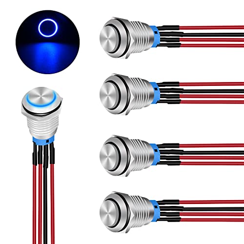 Nilight 12mm Push Button Switch 5PCS with Pre Wired Harness 12V 24V Stainless Steel Self Locking Latching LED Round Switches SPDT 4Pin Waterproof Metal Switch for Boats Cars Truck
