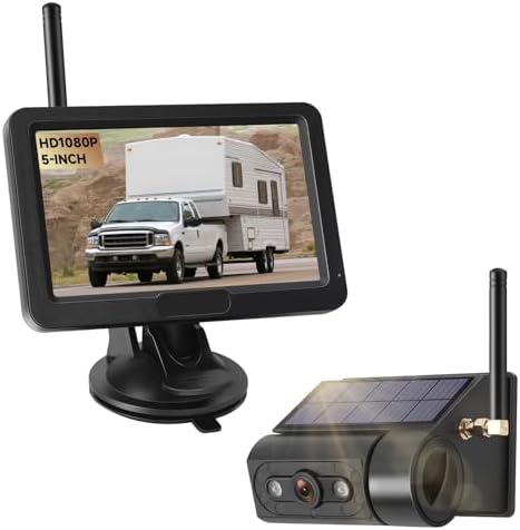 Magnetic Solar Wireless Backup Camera with 5” HD Monitor, No Wiring, Built-in 10,000mAh Battery, IP68 Waterproof,IR Night Vision Rearview Camera System for RV, Truck, Trailer, 5th Wheel, Skid Steer..