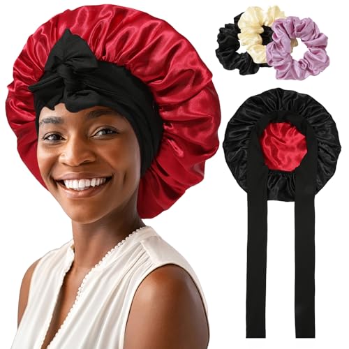 Reversible Satin Bonnet for Women with 3PCS Hair Scrunchies Tie Band Hair Bonnet for Sleeping Large 2 Layered Silk Sleeping Cap Nightcap for Sleeping (Reversible (Black/Red))