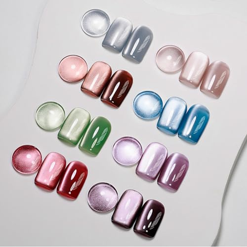 MIZHSE Cat Eye Gel Nail Polish, 8 Colors Ceramic Magnetic Gel Polish Set with Magnet Stick, Crystal Shimmer Silver Brown Green Purple Colors Nail Gel Soak Off Nail Art Salon Home Gift for Women