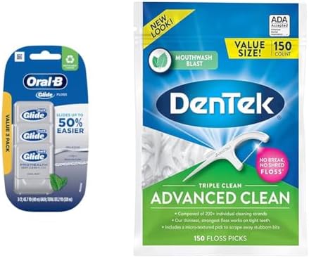 Oral-B Glide Pro-Health Dental Floss, Deep Clean Cool Mint Flavor, 40 M, 3 Count & DenTek Triple Clean Advanced Clean Floss Picks, No Break & No Shred Floss, 150 Count