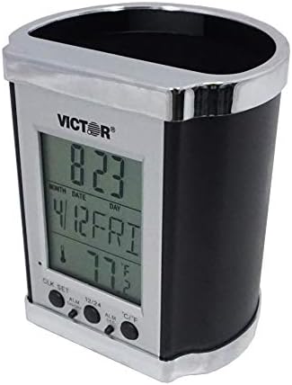 Victor PH500 Electronic Pencil Cup w/LCD Display, Temperature in Farenheit & Celsius, Time, Date, Day of Week, Great for Home and Office Desks, Black & Chrome