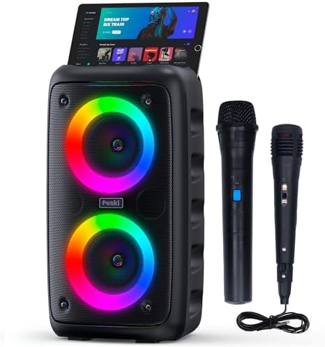 Karaoke Machine for Adults and Kids,Peski Portable Bluetooth Speaker with 1 Wireless Microphone and 1 Wired Mic,Rechargeable Powered Dj/PA Speaker System with TF Card,AUX in,REC,TWS for Birthday Party
