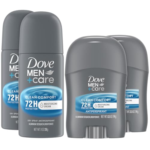 Dove Men + Care Clean Comfort Travel Antiperspirants – Men’s Antiperspirant Spray + Stick, 72H Protection (4 Piece Set)