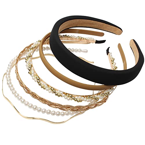 6PCS Different Designs Headbands for Women Gold Metal Hairband,Cute Pearl Headbands for Girls,Twisted Head Band,Black Solid Headbands Set…