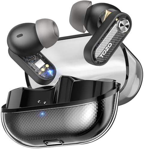 TOZO Hybrid Active Noise Cancelling Wireless Earbuds, 10mm Drivers Deep Bass Stereo Sound, 4 Mics Smart ENC AI Calls, 32 EQ Customization via App, Bluetooth 5.4 Headphones, Crystal Case Design