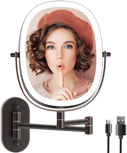 Rechargeable Wall Mounted Lighted Makeup Mirror, 8 Inch Double Sided LED Vanity Mirror 1X/7X Magnification,3 Color Lights Touch Dimmable Oval Frame 360°Swivel Magnifying Bathroom Mirror Antique Bronze
