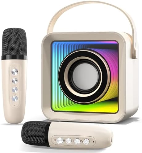 Mini Karaoke Machine with 2 Wireless Microphones, Portable Bluetooth Singing Speaker with Lights for Kids & Adults, Child Karaoke Toys, Gift for Girls & Boys for Birthday, Home Party (Beige)