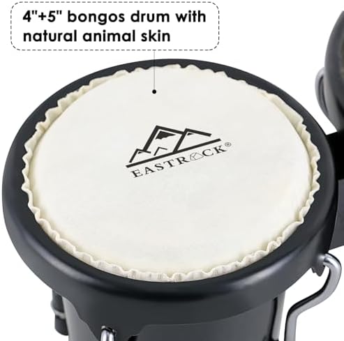 EASTROCK Bongo Drum 4” and 5” Bongos Set for Adults Kids Beginners Professionals Tunable Wood Hand Drum Percussion Instruments With Tuning Wrench(Black)