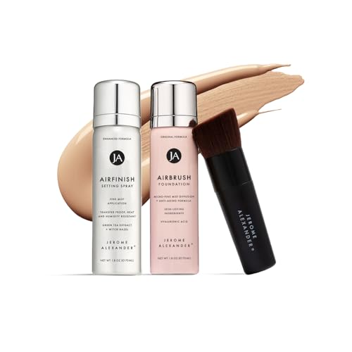 MagicMinerals AirBrush Foundation Set by Jerome Alexander – 3pc Set Includes AirFinsh, Foundation and Kabuki Brush - Spray Makeup with Anti-aging Ingredients for Smooth Radiant Skin (Cognac)