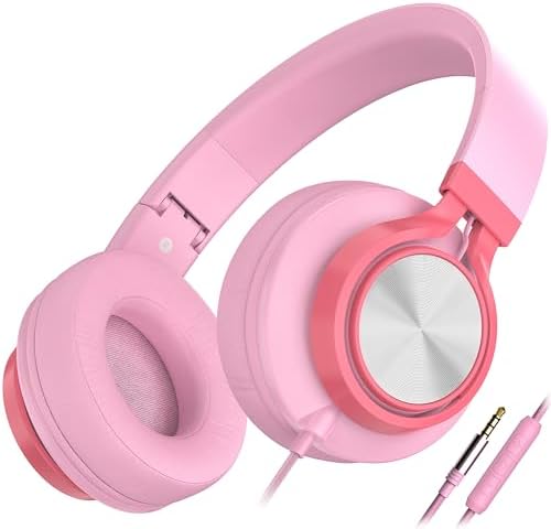 AILIHEN C8 Girls Headphones, On-Ear Headphones Wired with Microphone and Volume Control Foldable Corded Stereo 3.5mm Headset for Girls School Chromebook Laptop Computer PC Tablets Travel (Pink)