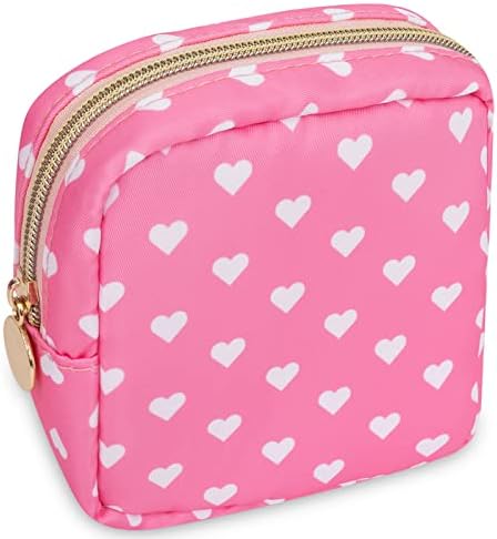Nylon Mini Makeup Bag for Purse, Small Cute Makeup Bag Preppy Cosmetic Zipper Pouch Purse, Waterproof Travel Coin Pouch Sanitary Napkin Storage Bag Make Up Organizer Pouch for Women Girls(Pink Heart)