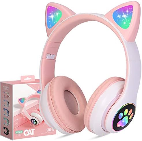 TCJJ Kids Wireless Headphones Cat Ear LED Light Up Bluetooth Foldable Headphones Over Ear w/Microphone for Online Distant Learning (Pink)