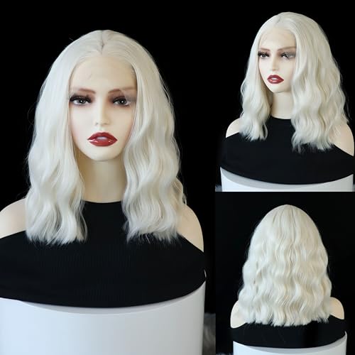 White Blonde Bob Curly Wig Synthetic Lace Front Wig Middle Part Lace Wigs 14Inch Synthetic Hair Wig for Women Cosplay Wigs