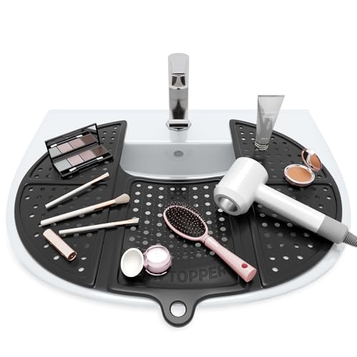 Sink Topper Foldable Sink Cover - Silicone Beauty Makeup Brush Cleaning Mat Hot Tools Organizer - for Extra Space & Storage Saver - Bathroom Must Have - Standard, Black