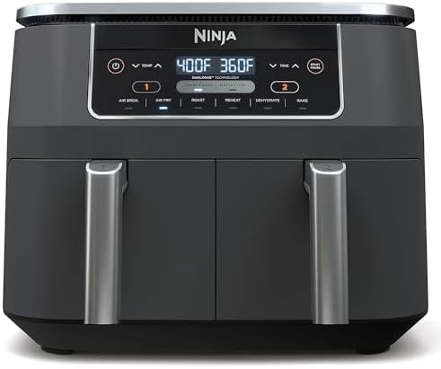 Ninja DZ201 Foodi 8 Quart 6-in-1 DualZone 2-Basket Air Fryer with 2 Independent Frying Baskets, Match Cook & Smart Finish to Roast, Broil, Dehydrate & More for Quick, Easy Meals, Grey (Renewed)
