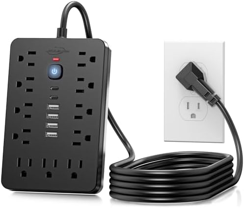6 FT Flat Plug Surge Protector Power Strip,11 Multiple AC Outlets with 6 USB Ports (2 USB C), 6 Feet Extension Cord, 1875W/15A, One Touch Switch Button, 17 in 1 Compact powerstrip