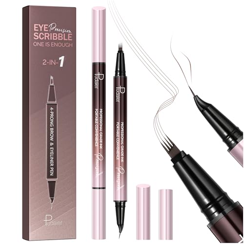 2 Pack Curved Eyebrow Pen, 2 in 1 Dual Ended Microblading Eyebrow Pencils for Women, Waterproof and Last All Day 4 Tip Brow Pencil with Precise Tip for Natural and Hair Like Brows (Natural Brown)