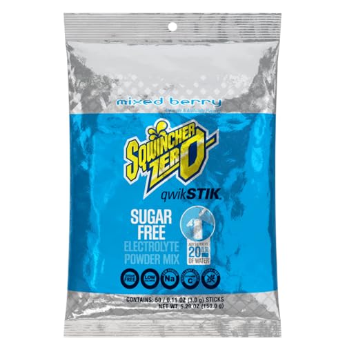 Sqwincher Zero Qwik Stik, Sugar Free, Low Calorie, Low Sodium Electrolyte Powder Hydration Drink Mix, Mixed Berry, .11 0z Packet (Pack of 50)