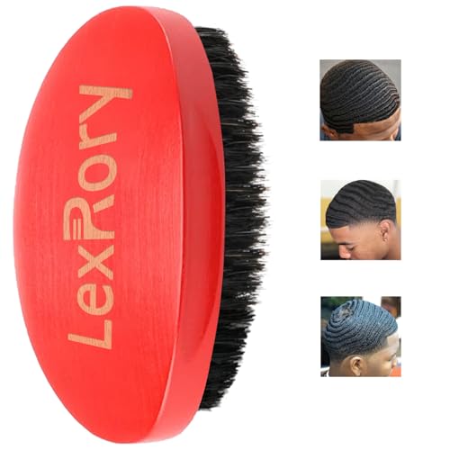 360 Curved Wave Brush - Medium Hard Palm Brush with Beech Wood and Boar Bristles for Men's Hair Styling and Beard Grooming (Red)