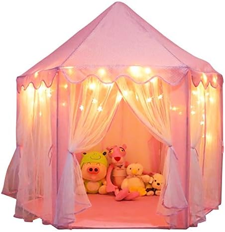 ORIAN Princess Castle Playhouse Tent for Girls with LED Star Lights – Indoor & Outdoor Large Kids Play Tent for Imaginative Games – ASTM Certified, 230 Polyester Taffeta. Pink 55"x53".
