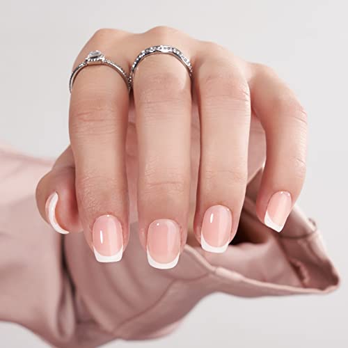 BTArtbox French Tip Press on Nails - Gel Press on Nails Short, No Fade Out Fake Nails with Nail Glue, Seamless Fit Glue on Nails in 15 Sizes Nail Kit for Valentine's Day Gift, Classic White