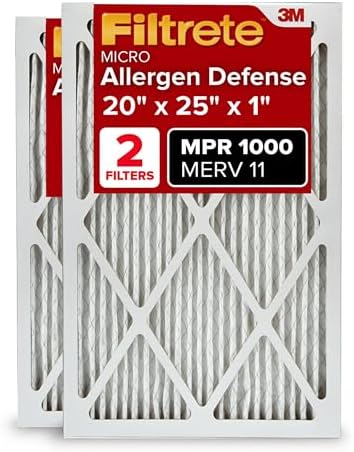 Filtrete 20x25x1 AC Furnace Air Filter, MERV 11, MPR 1000, Micro Allergen Defense, 3-Month Pleated 1-Inch Electrostatic Air Cleaning Filter, 2 Pack (Actual Size 19.688 x 24.688 x 0.84 in)