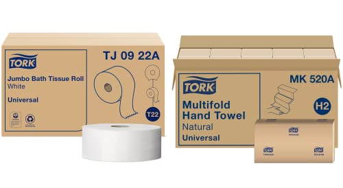 Tork Jumbo Toilet Paper Roll White T22 (Universal) and Tork Multifold Hand Towel Natural H2 (Universal)