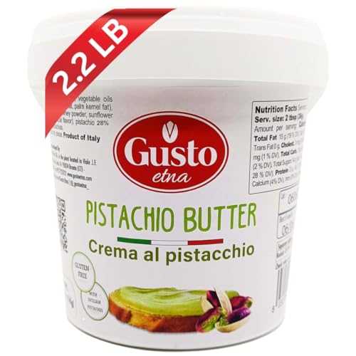 Sweet Pistachio Nut Butter, Bulk Tub, 2.2 LB (1 Kg), Gusto ETNA Rich & Nutty filling for Knafeh Pistachio Chocolate Bars, Sweet Pistachio Cream Spread, Pistachio Paste, Frosting, Icing, Product of Sicily, Italy,