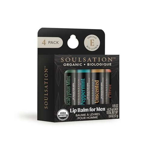 Organic Lip Balm Set, 4 Flavors - For Men, Moisturizing for Cracked & Dry Lips