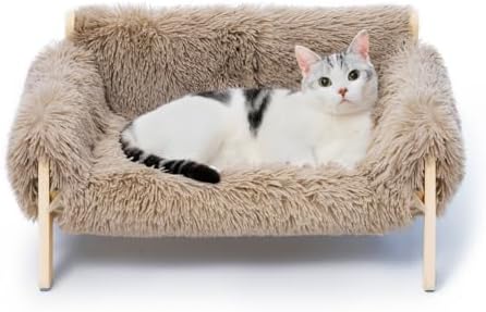 MEWOOFUN Cat Couch Bed, Pet Sofa for Indoor Cats Wooden Indoor Elevated Cat Beds with Removable Mattress Cover Suitable for Kitty, Puppy or Small Animal (Brown, Medium)