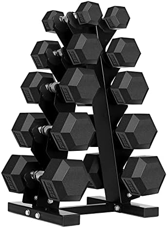 150 Pound Hex Dumbbell Set with Rubber Coated Dumbbells and Rack