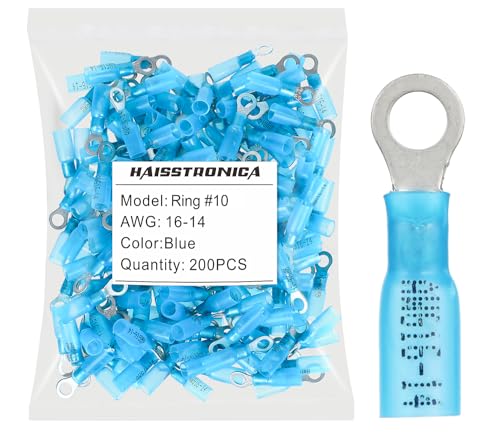 haisstronica 200pcs #10 Blue Marine Grade Heat Shrink Ring Connectors,16-14 Gauge Tinned Red Copper 0.7mm Ring Terminals Waterproof Eyelet Wire Connectors,Brazed-Seam Insulated Electrical Crimp