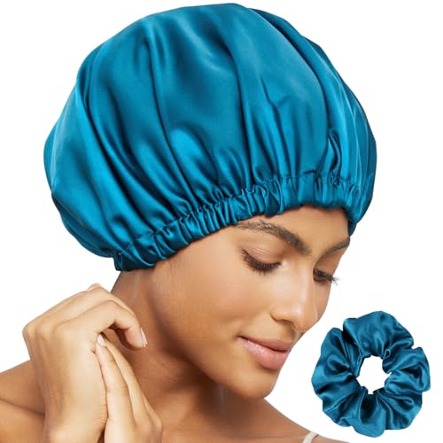 Satin Bonnet Silk Bonnet for Sleeping Women Double Layer Hair Bonnet Wrap Sleep Cap Gifts for Women Curly Hair Teal