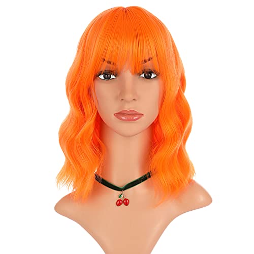 eNilecor Orange Wig, Curly Wavy Colorful Wig with Air Bangs for Women, Natural Synthetic Short Bob Wig for Party Cosplay Fun(Orange)
